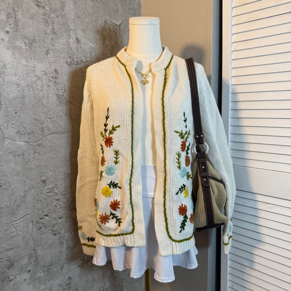 Multi- colored floral embroidered cardigan sweater